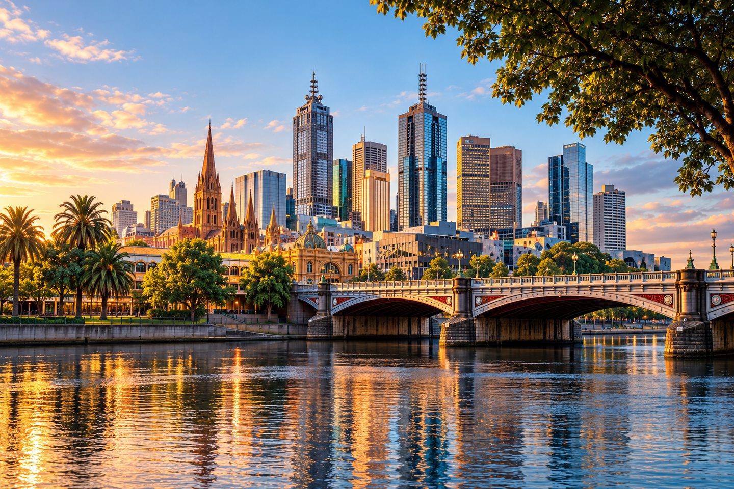 A realistic Melbourne-inspired cityscape across the Yarra River and Princes Bridge in warm evening light, with no identifiable people