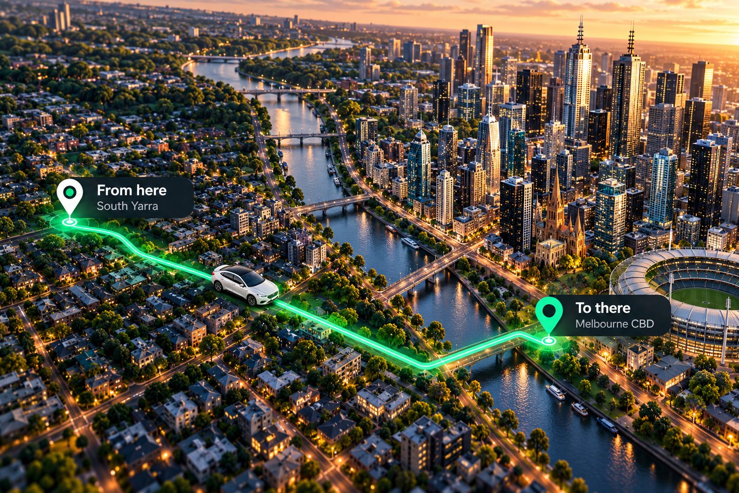 A premium 3D Melbourne-inspired map with origin and destination markers and a Ride-green route from South Yarra to Melbourne CBD